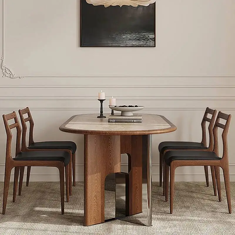 Retro Elegant Oval Dining Table with Sturdy V-shaped Leg Modern Kitchen Dining Room Table Set Luxury Home Restaurant Table Chair