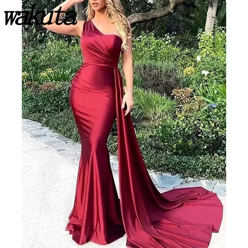 Wakuta-Um Ombro vestido de cetim sem mangas, vestidos de baile formais, varrição chão, elegante plissado, Slim Fit, Fishbone Party Dresses, Sexy, 2024