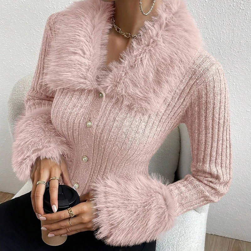 

Tornova Furry Neck Knitted Cardigan For Women Slim Ins Hot Fashion Long Sleeve Sweater Coat V neck Solid 2026 Spring New Lady