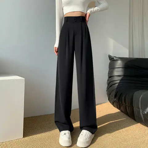 Women’s Wide Leg Pants Women Korean Style High Waist Black Trouser Office Ladies Fashion Loose Grey Suit Trousers Streetwear