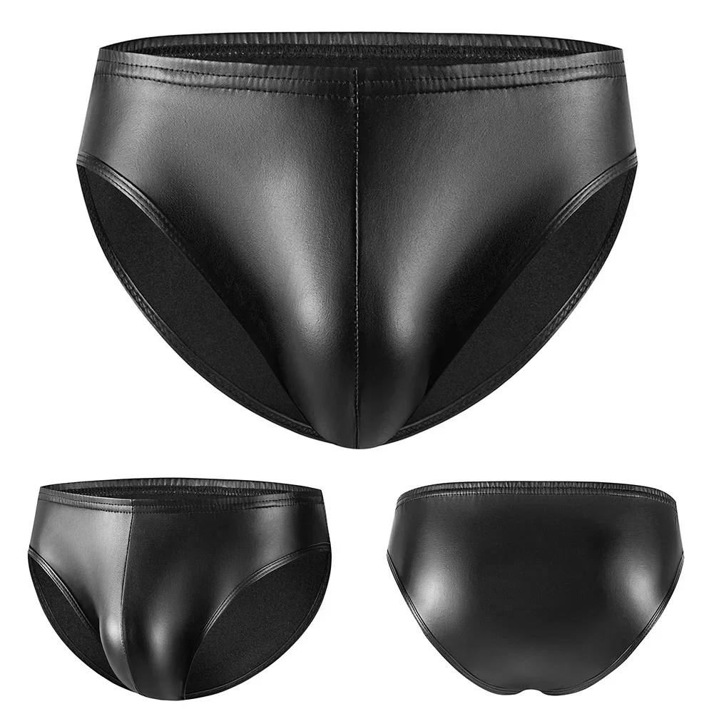 Mens Sexy Soft Leather Smooth Shinny Wet Look Lingerie Faux Leather Briefs Bikini Underwear Underpants Men\'s Briefs Shorts