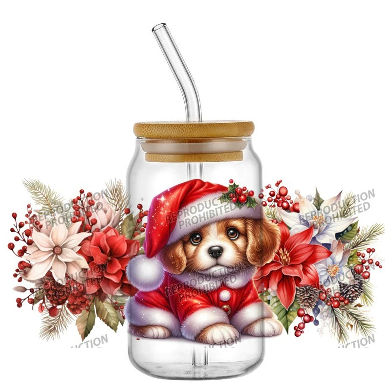 Cane da compagnia Nuovo design Natale 16oz Libbey UV DTF Tazza Avvolgente Trasferimento Etichetta personalizzata Logo fai da te Adesivo autoadesivo per tazza