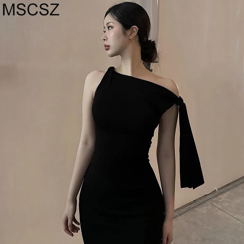 

MSCSZ Lace-Up One Shoulder Black Mini Dress Sleeveless Bodycon Summer Dress Women Slim Sexy Club Party Dresses