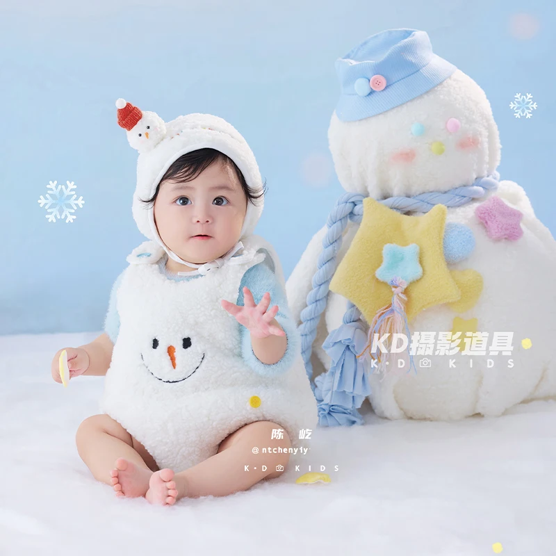 

Winter Snowman Theme Cute Baby Romper with Hat Professional Newborn Photography Props 3-4 Month Baby Boy Girl Jumpsuit Outfit
