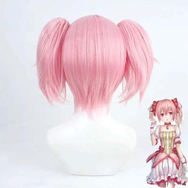 Puella magi madoka magica madoka kaname cosplay perücken rosa kurz 2 clip pferdes chwänze hitze beständige synthetische haar perücke perücken kappe