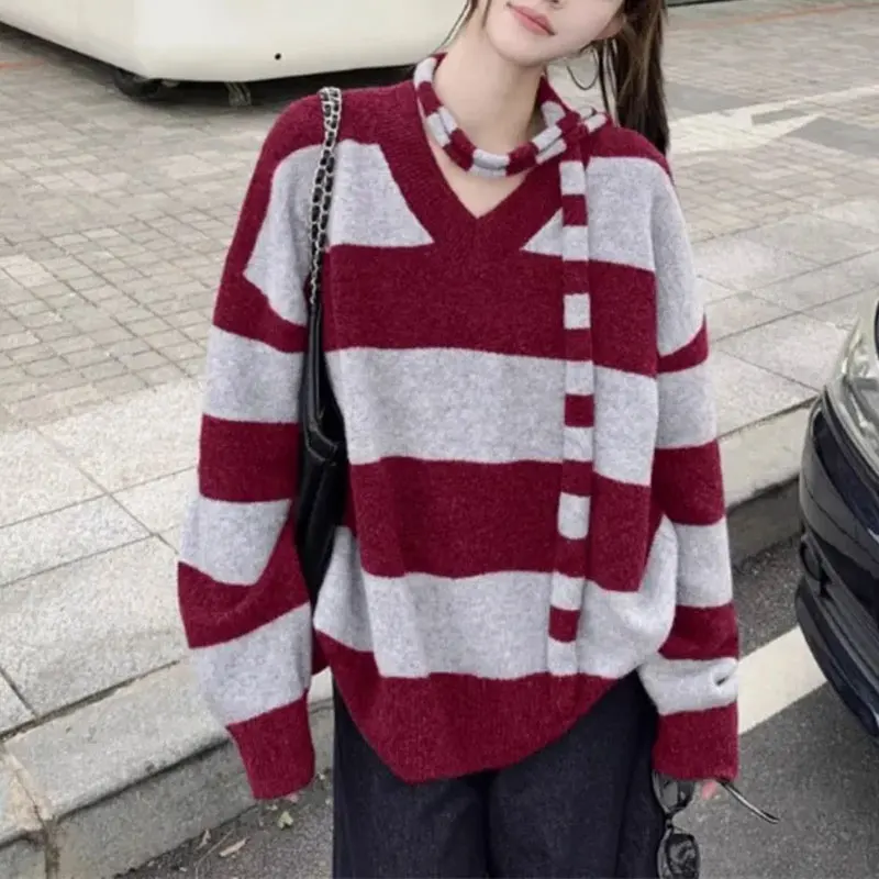 

Модные свободные свитера с v-образным вырезом и лентой, осень-зима, корейская полосатая женская одежда, повседневные вязаные пуловеры контрастных цветов