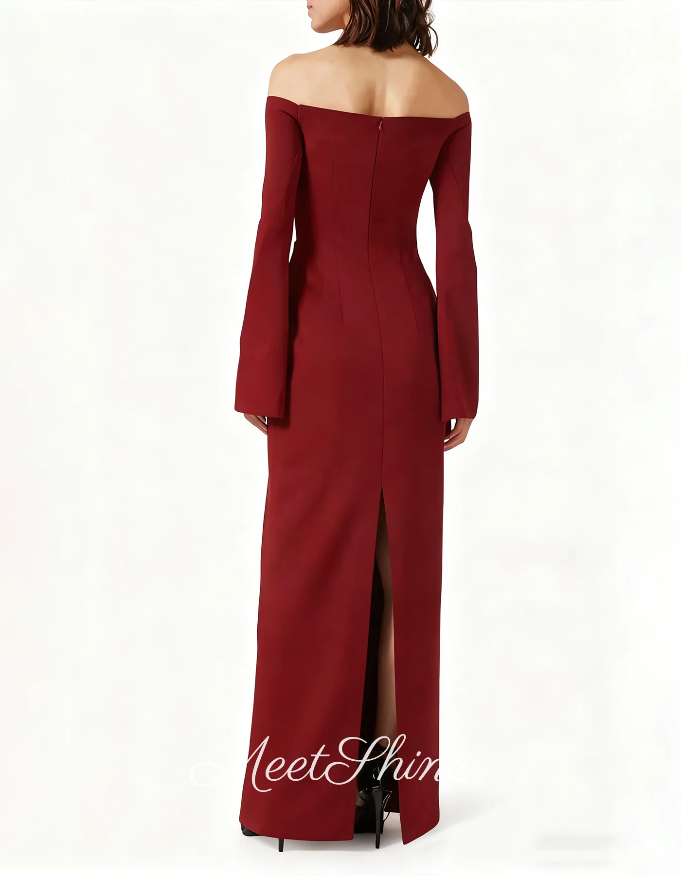 فستان دبي باللون العنابي بدون أكتاف من الساتان فساتين سهرة بأكمام طويلة وفتحة خلفية مستقيمة للحفلات الراقصة في المملكة العربية السعودية حسب الطلب