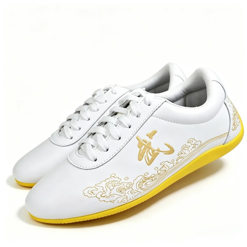 Genuine Leather Tai Chi Shoes Wu Character Wushu Sneakers Soft Yellow Sole Kung Fu Training Martial Arts Footwear for Men Women