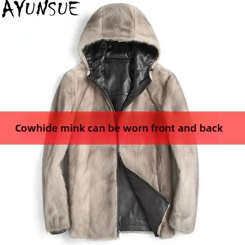 AYUNSUE High-end Natural Mink Fur Coat Man Luxury Hooded Winter 100%Real Cowhide Genuine Leather Jacket Men Reversible Fur Coats