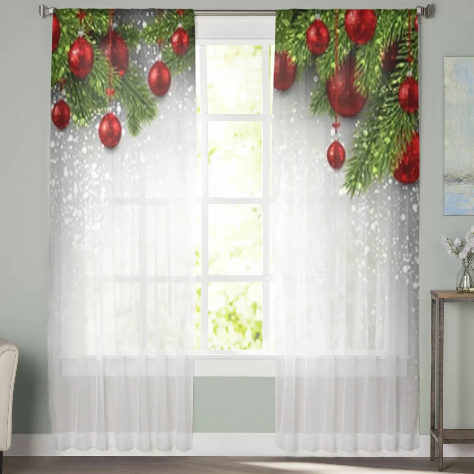 Christmas Balls And Snow Sheer Curtains For Living Room Bedroom Balcony Transparent Window Blinds Kitchen Drapes