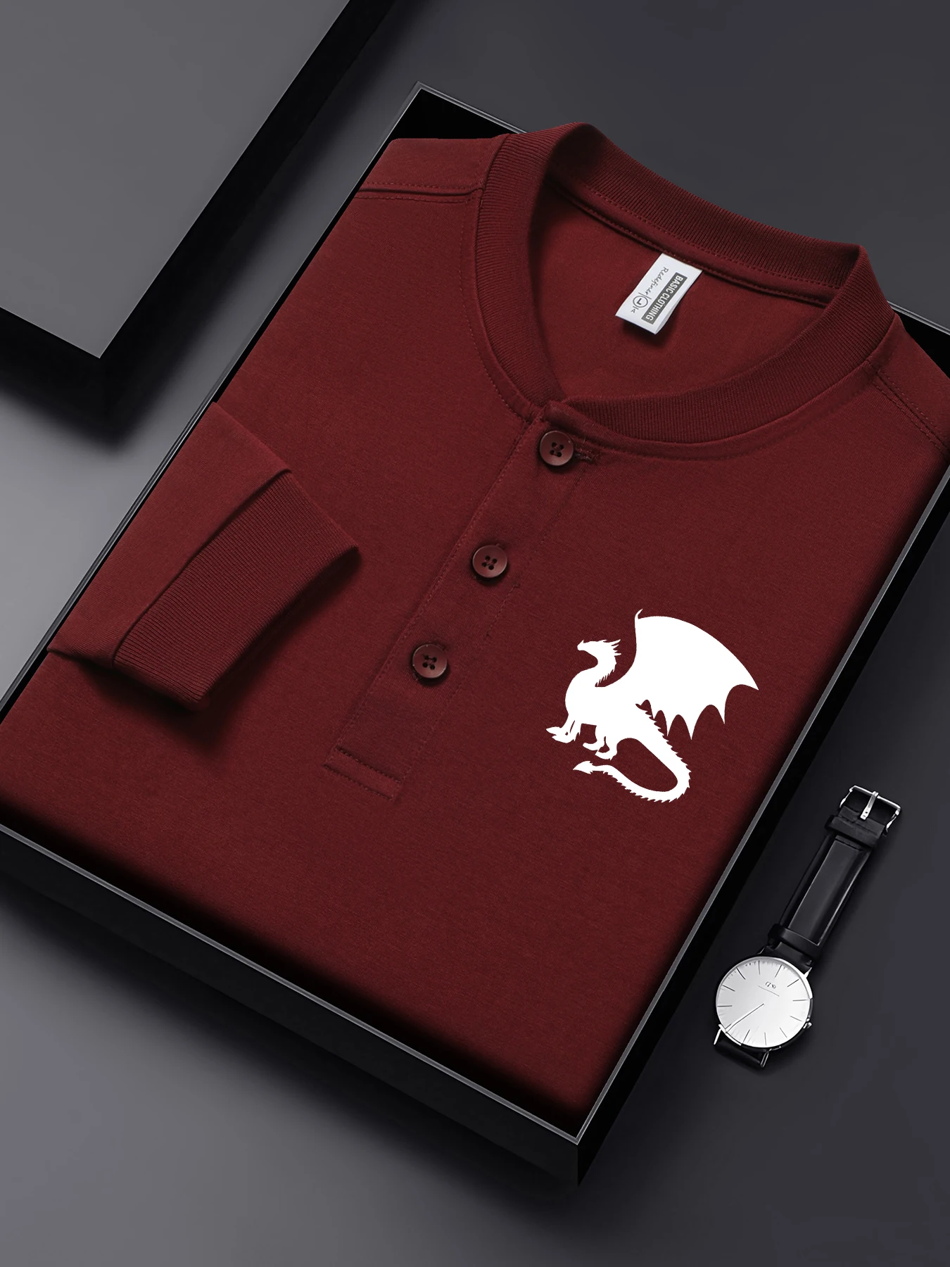 

Dragon Pattern Simple Print Henley Shirt Men Henry Neck Business T-Shirt Autumn Casual Long Sleeve Cotton All-Match Clothing