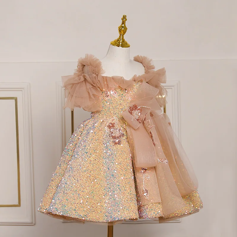 Children Prom Dress ChicTulle Off The Shoulder Gold Sequined Princess Dresses Kids Girls Party Performance Costume Ball Gown2023