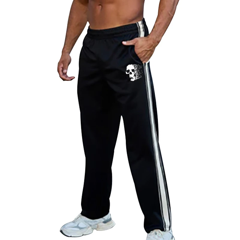 Halloween men's skeleton print sportswear pants with side stripe design elastic waist casual pants breathable running and fitn