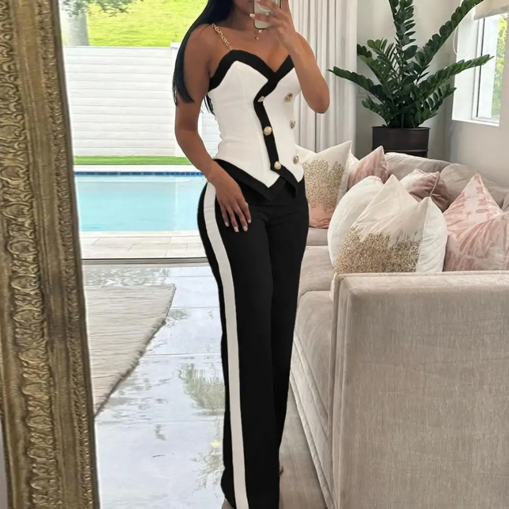 

Sleeveless Suit Set Chic Women's Sleeveless Top High Waist Pants Set with Chain Shoulder Strap V-neck Backless Design Elegant Ol