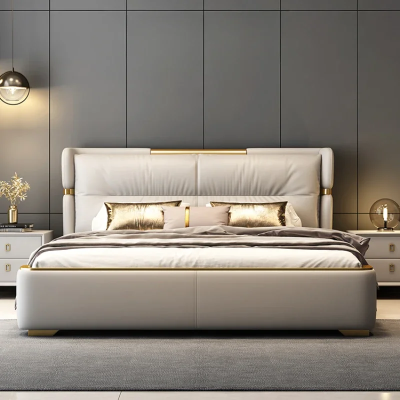 

Elegant Modern Simple Double Bed Frame Storage Pretty Villa Adults Bed Luxury Leather Cama Matrimonial Bedroom Set Furniture