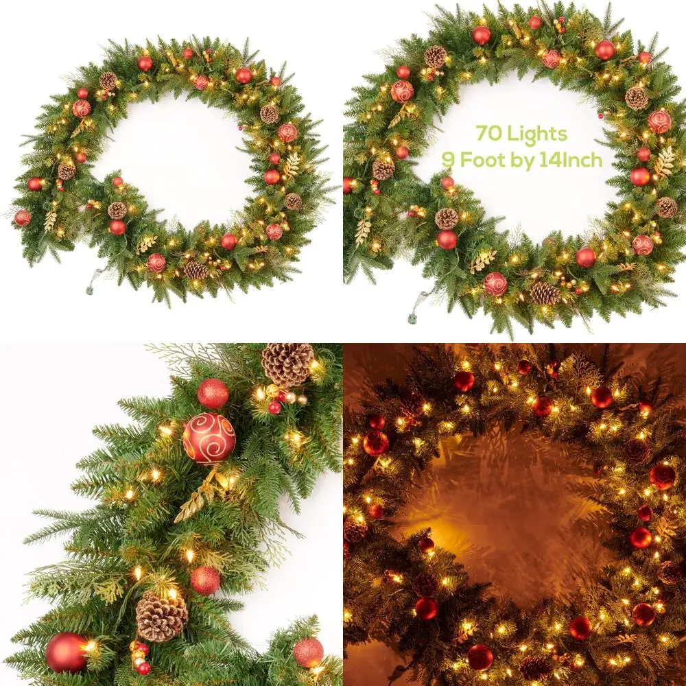 

Prelit Red Gold Christmas Garland with 70 Lights, 9FT Long for Fireplace, Stairs, Mantle, Door, Suitable for Indoor and Outdoor