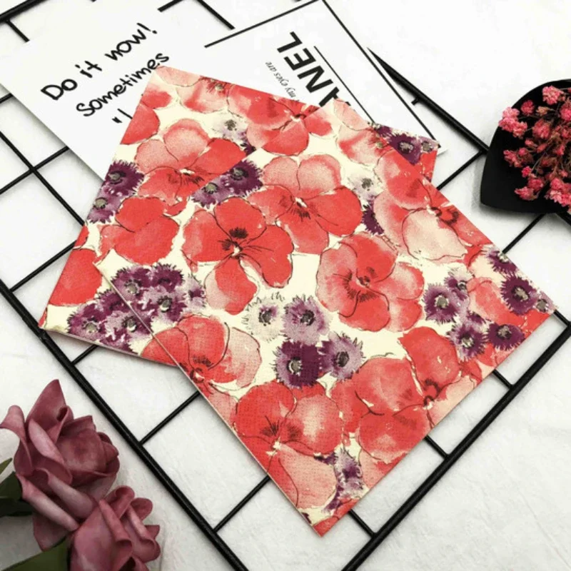 20pcs/Pac Colourful Printed Napkin Orange Flower 2 Ply Wedding Wine Glass Decoration Place Setting Paper Placemats 33*33cm