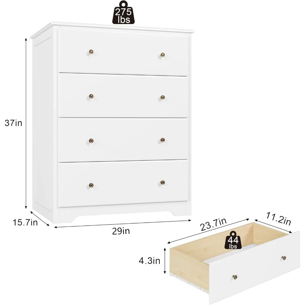 Weiße Kommode, Kommode mit 4 Schubladen, moderne hohe Kommode, Kommode mit Holzschublade, Aufbewahrungsschrank für den Flur, den Eingangsbereich