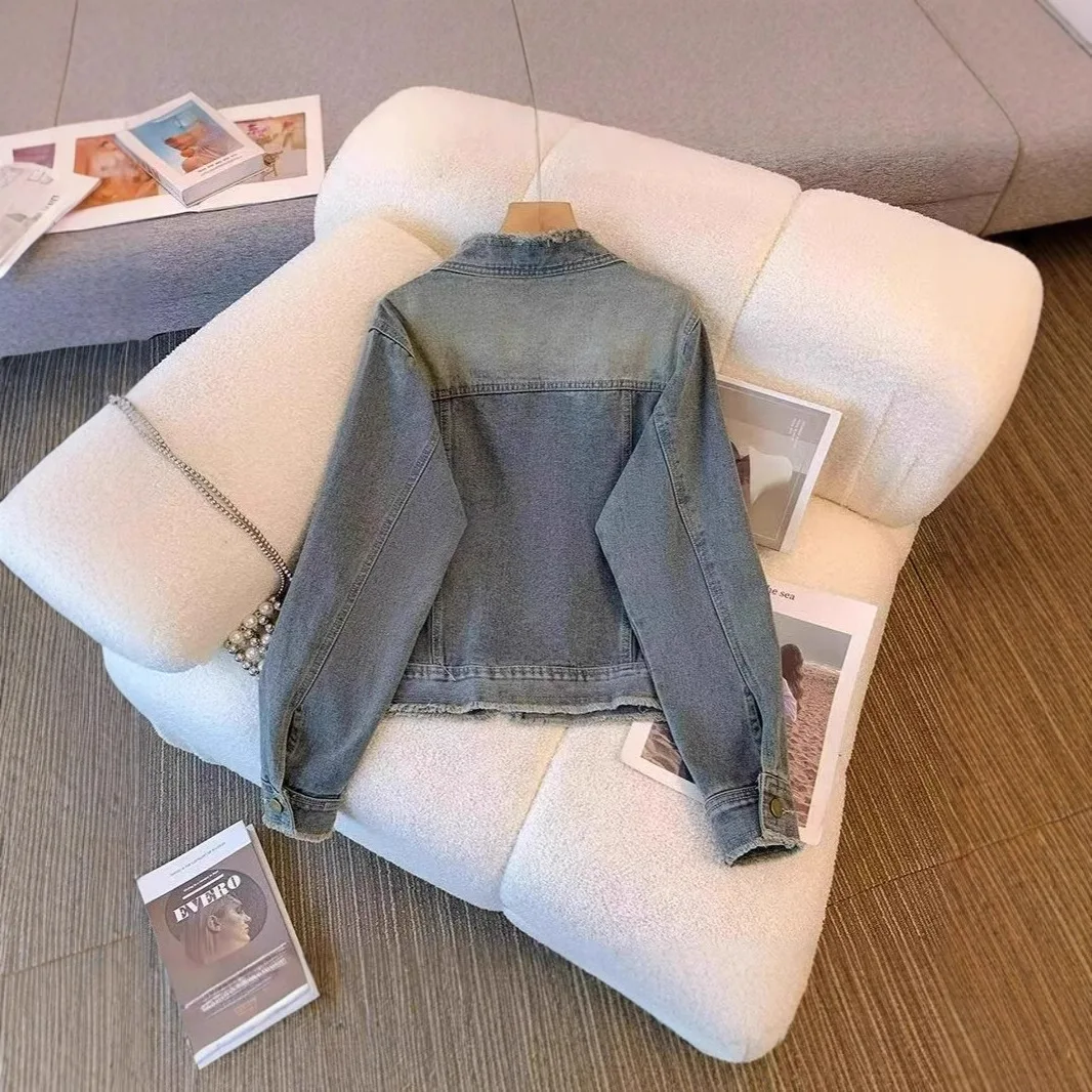 Vintage Frayed Washed Denim Jacket Women  Korean Loose Single-Breasted Jeans Female Streetwear Tassel Cowboy Outerwear New