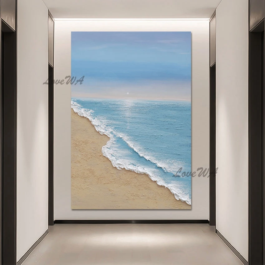 Abstract Wall Art Frameless Sea Wave Modern Canvas Painting For Office Decor Picture Thick Acrylic Landscape Knife Painting