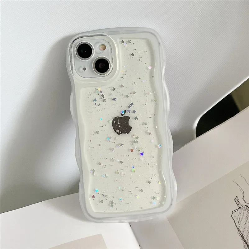 Curly Wave Frame Case For iPhone 15 14 13 12 11 Pro Max XR XS SE 7 8 Plus Case Cute Transparent Hybrid Glitter Bumper Cover