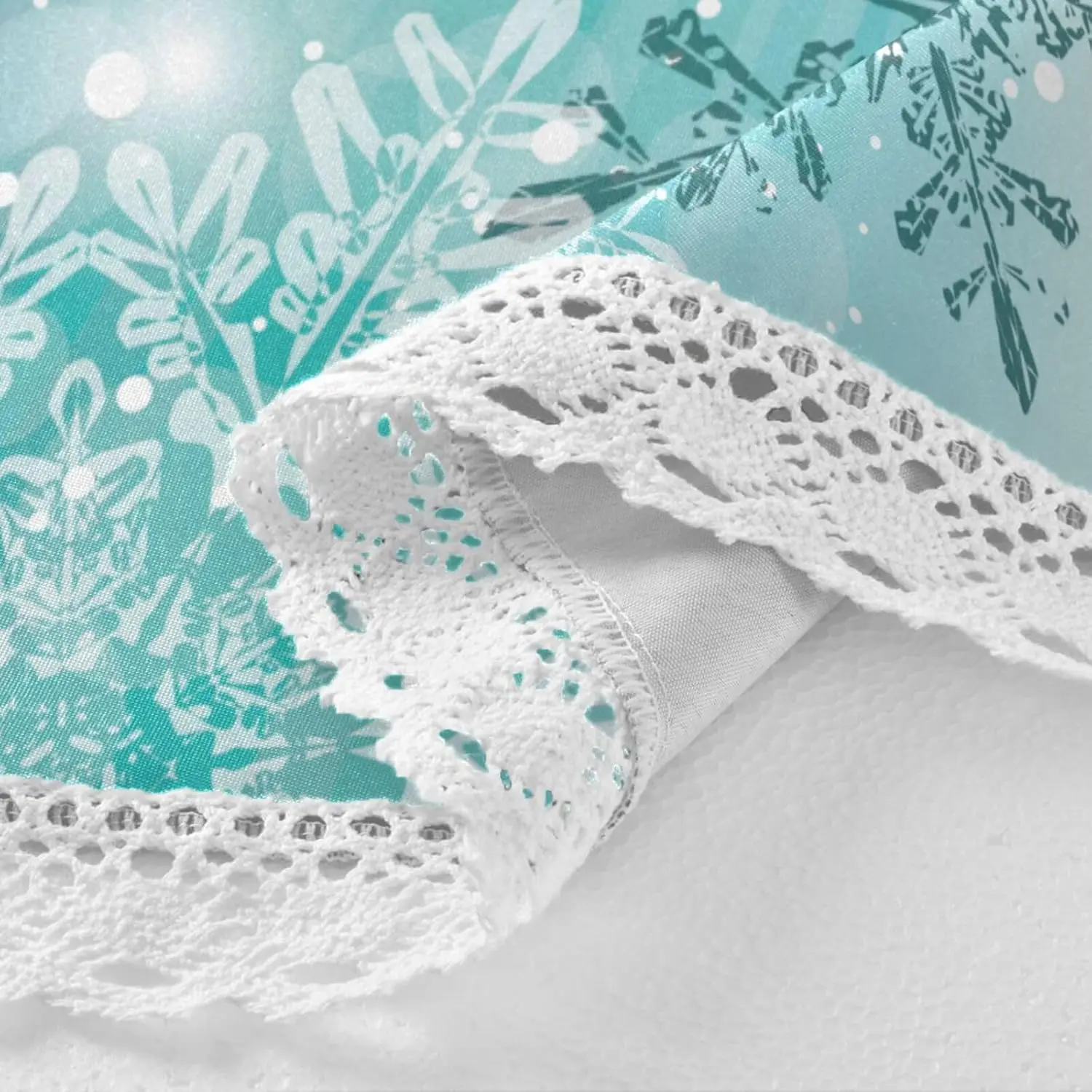 Silver Winter Teal Turquoise Snowflakes Christmas Round Tablecloth Polyester Lace Table Covers Circle Table Cloth 60 Inch
