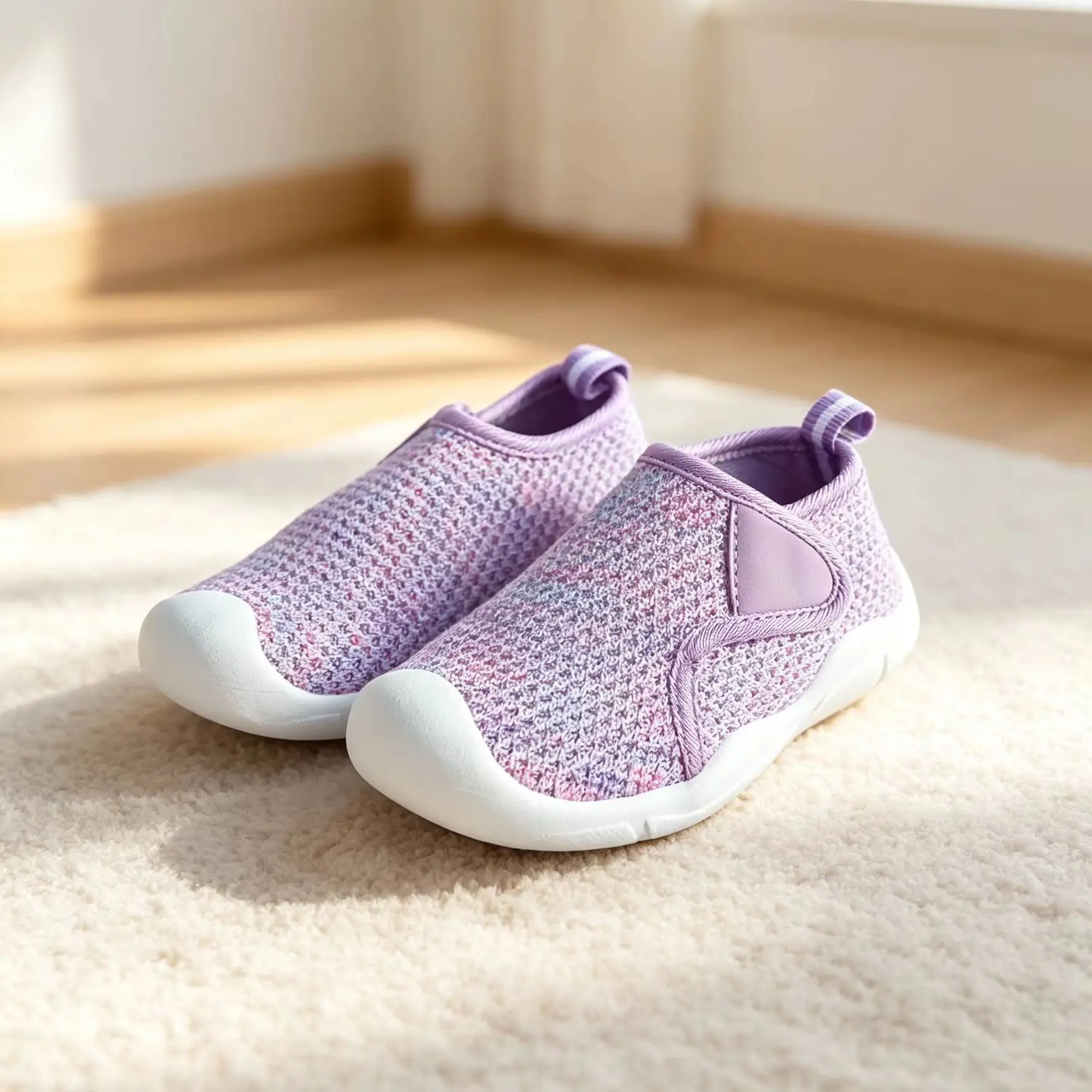 Girls' Light Purple Knitted Toddler Shoes, Non-Slip Rubber Sole, Velcro Strap, Covered Toe, Lightweight Casual Sports Shoes