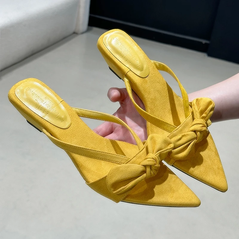 

Solid Pointed Toe Women Slippers Summer Bow-knot Lady Shoes Slingback Wedge Sandals Zapatos Mujer