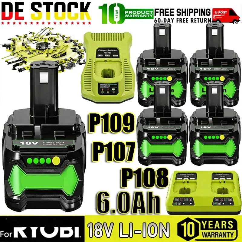 Batterie Li-Ion 18V 6Ah pour outils électriques RYOBI P108, pour Ryobi P107 P105 P104 P103 P102 RB18L50 RB18L20, remplacement de batterie pour outil