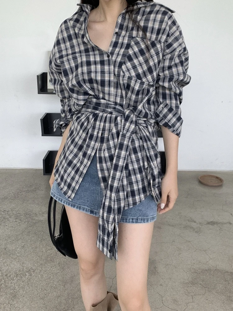 

Vintage Plaid Spring Shirts Women Long Sleeve Korean Office Lady Bandage Blouse Female Retro Simple Button Loose Casual Tops New