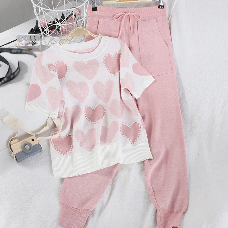 

Spring Autumn Summer Girl's Lovely Loose Sweater Short-Sleeved Top + Harlan Feet Capri-Pants Two Piece Suit Women Clothes