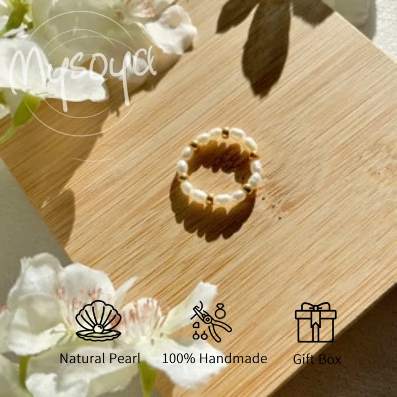 

MYSOYA White Rice-shaped Freshwater Pearl Ring 3-4mm With Gift Box For Her/Him Birthday/Wedding/Christmas/New Year Gift