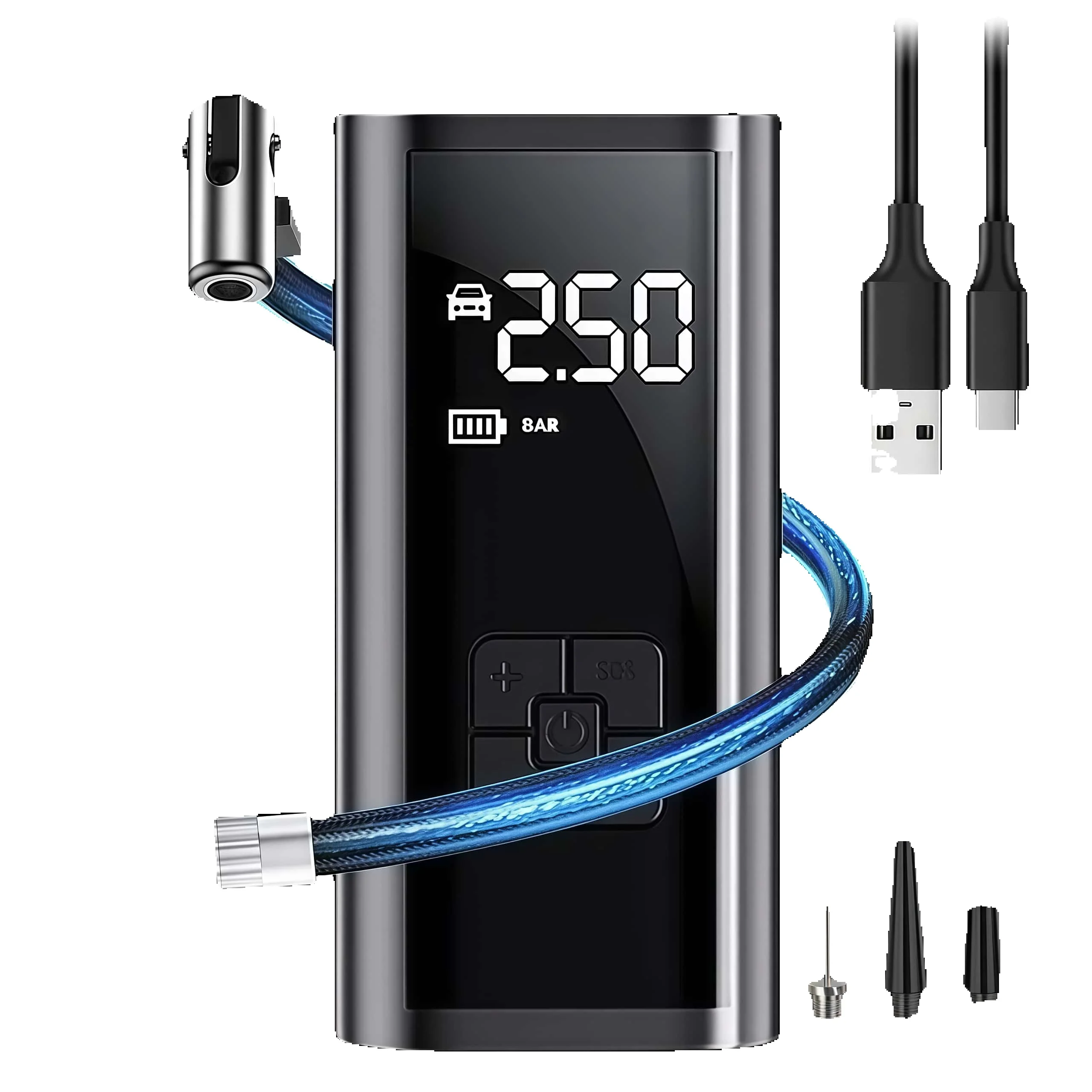 Tragbarer Luftkompressor, 150 PSI, kabelloser, elektrischer Reifenfüller mit 1500-mAh-Akku, 19 l/min schnelle Aufpumpfunktion, digitales Reifendruckmessgerät, LED-Leuchte, SOS-Funktion, Luftpumpe für