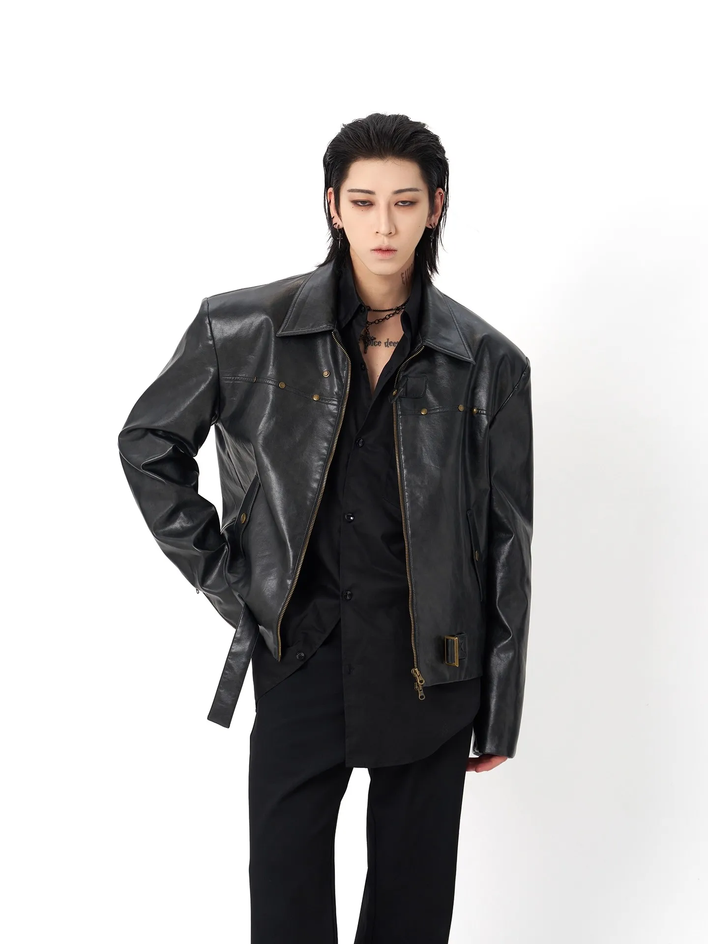 

Mauroicardi Spring Autumn Black Pu Leather Jacket Men Shoulder Pads Zipper Belt Cleanfit Luxury Designer American Retro Clothes