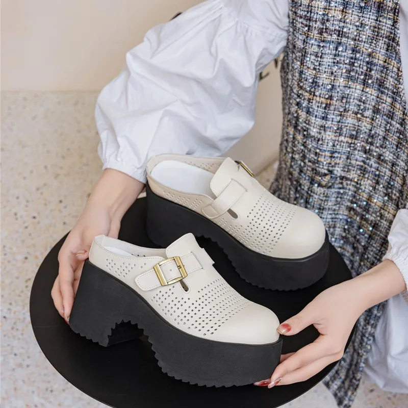 

AIYUQI Women's Mule Shoes 2026 New Spring Genuine Leather Women's Slippers Closed-Toe 9cm High Heel Women's Slippers