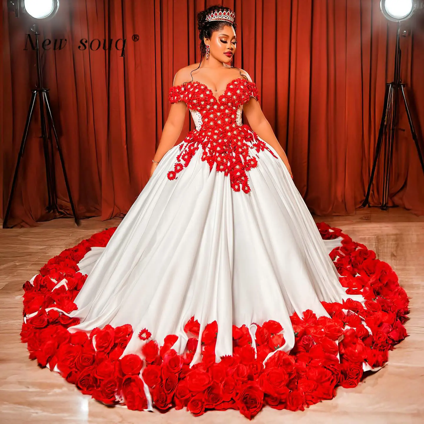 Princess Red 3D Flowers Off Shoulder Ball Gown Evening Dresses Customized Gorgeous Puffy Pageant Events Quinceanera Party Gowns