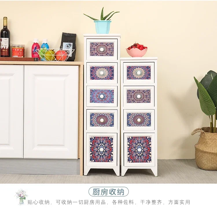 American Style Paintings Solid Wood Bedside Table, Drawer Type Storage Cabinet Living Room 4-layer Wooden Sofa Side Seam Cabinet