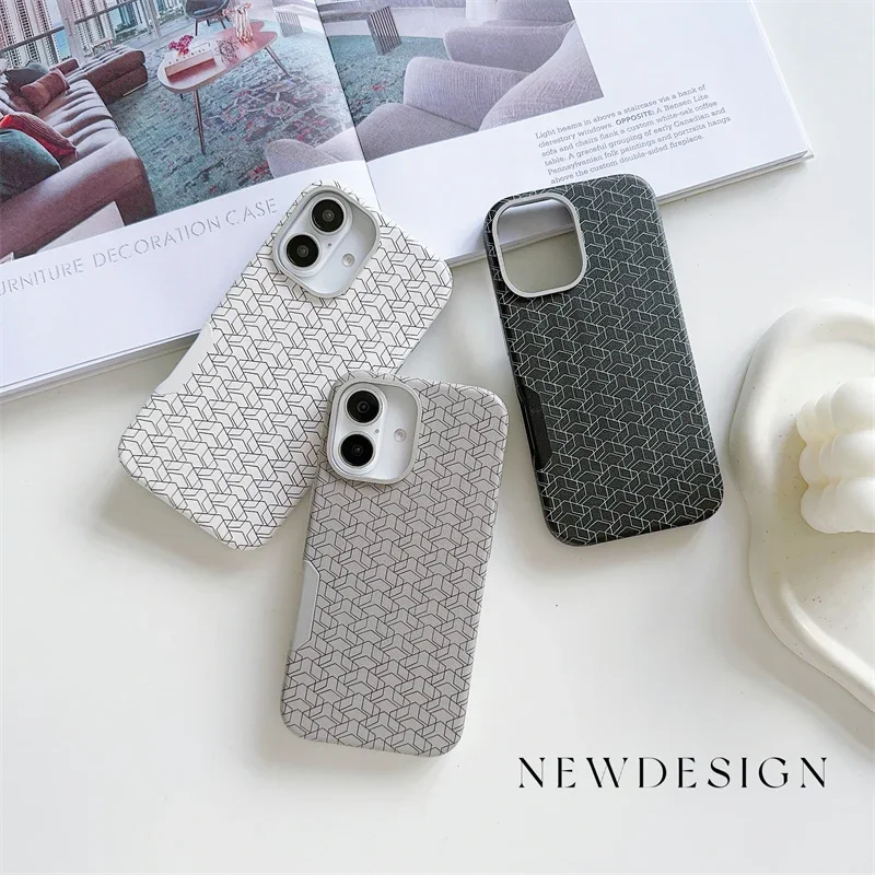 MagSafe Phone Case For iPhone 13 14 15 16 Pro Max 16Plus Geometric Elements Wireless Charging Metal Lens PU Leather PC Hard Case