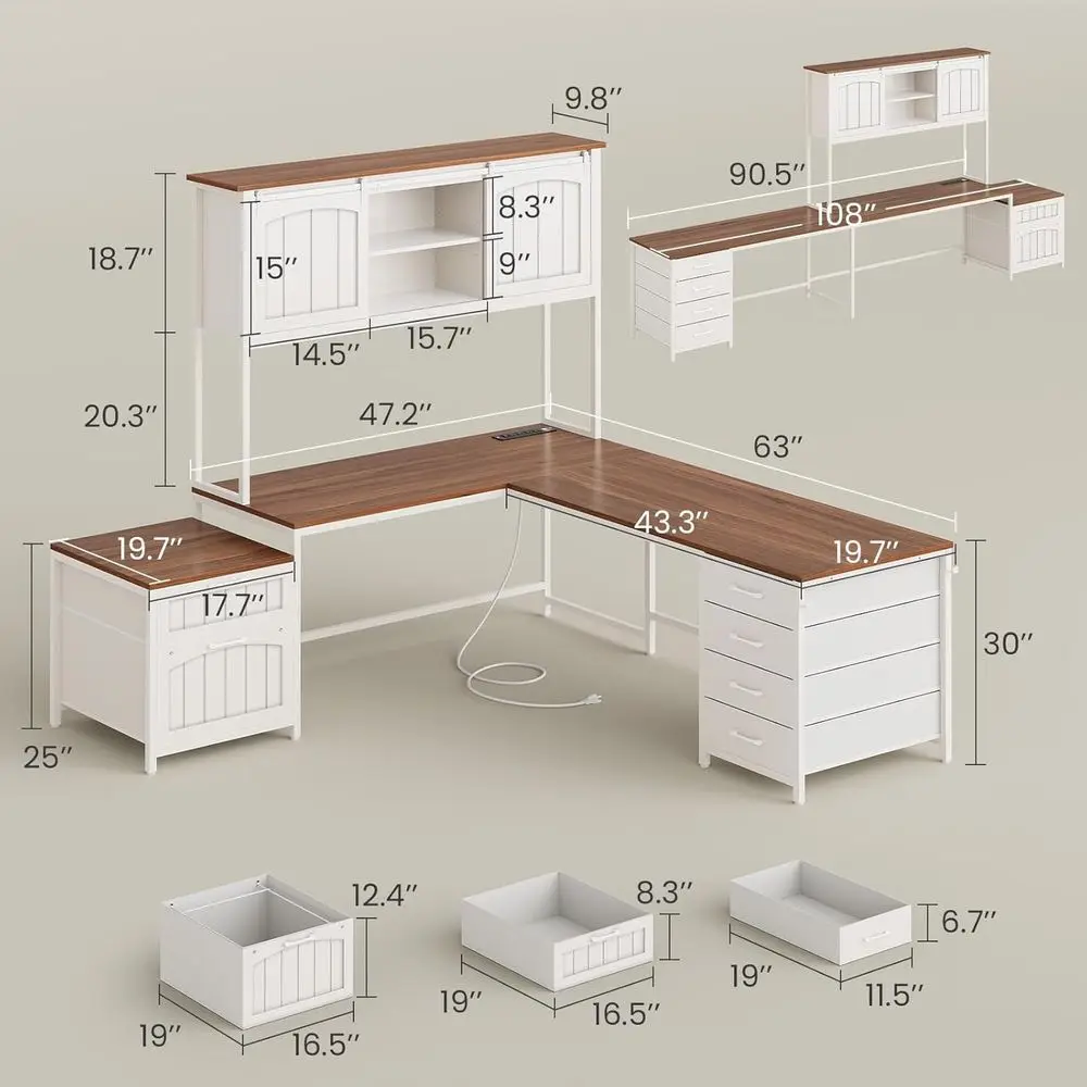 armhouse L Shaped Oice Desk with 6 Der, Reversible Computer Desk with Power Outlet, Hutch or Home Oice/Two Person, Desk with ile