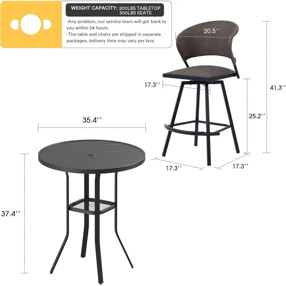 2-Piece Outdoor Wicker Swivel Bar Stools with 35.5 Black Metal Round Patio Table Set