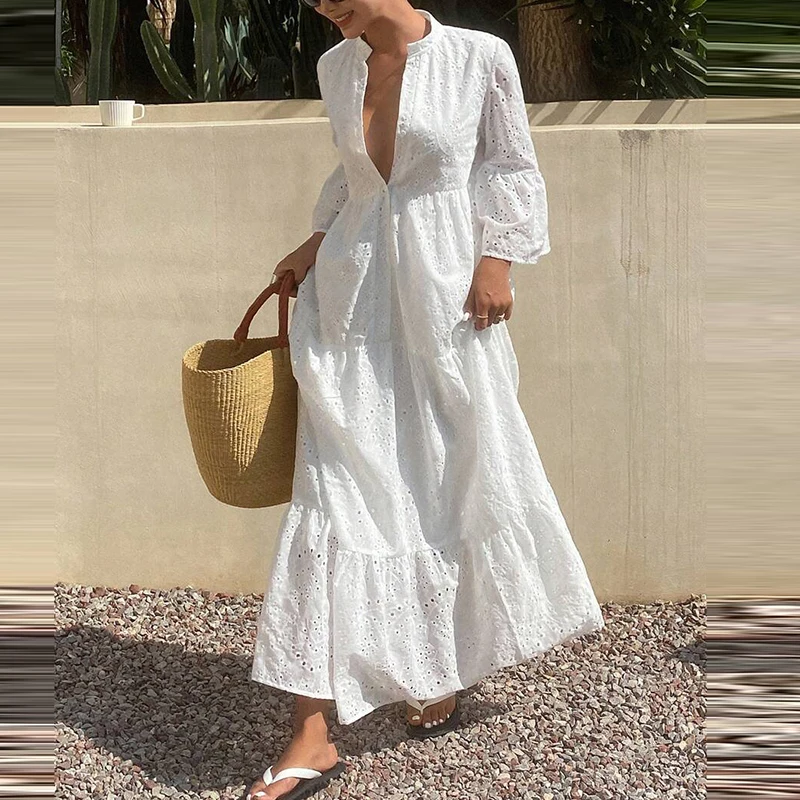 Elegantes Sommerkleid für Damen mit halboffenem Kragen, Falten, hoher Taille, Cut-Outs, Urlaubskleid, modisches, einfarbiges Maxikleid mit 3/4-Ärmeln und lockerer Passform