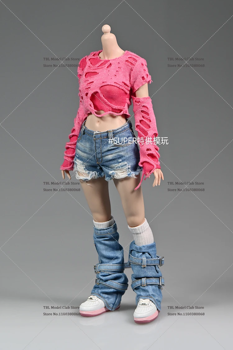 Em estoque escala 1/6 soldado feminino hip hop estilo Wasteland preto cinza rasgado pulôver para boneca de figura de ação de 12 polegadas