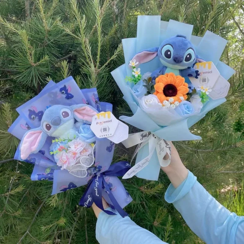 Muñecos de Peluche Originales de Stitch y Lilo con Girasoles y Rosas, Ramos Creativos, Regalos para Navidad, Cumpleaños, Graduación y San Valentín