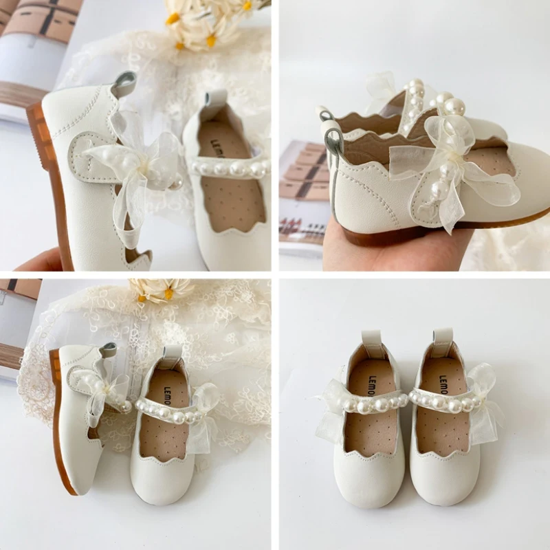 Girls Children Solid Leather Shoes Cute Pearl Mesh Lace Soft Sole Princess Shoes Newborn Kids Flats Elegant Casual Dance Shoes