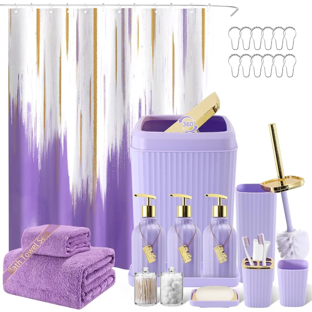

20 шт. фиолетовый набор аксессуаров для ванной комнаты с занавеской для душа, полотенца, дозатор мыла, щетка для унитаза, мусорный бак