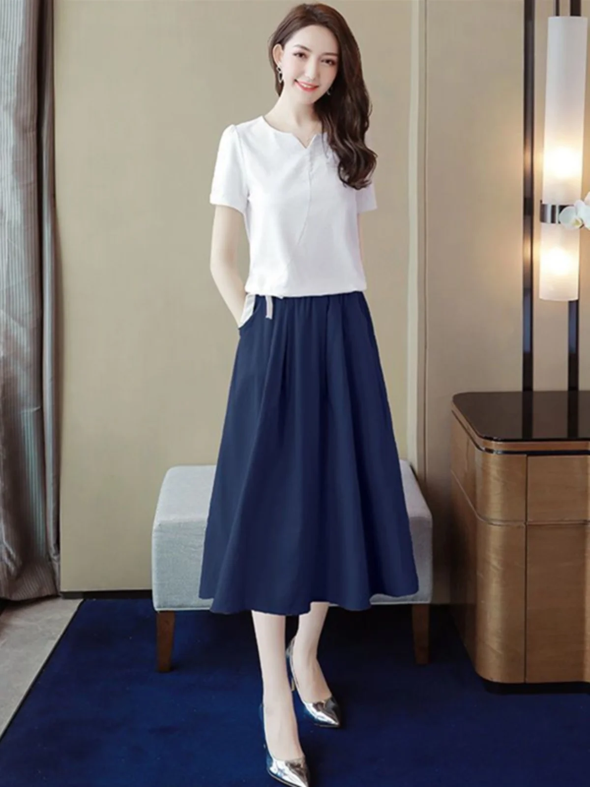 

Модный комплект-двойка: платье миди и топ с коротким рукавом, V-образным вырезом и завышенной талией, из смесового хлопка, лето 2026