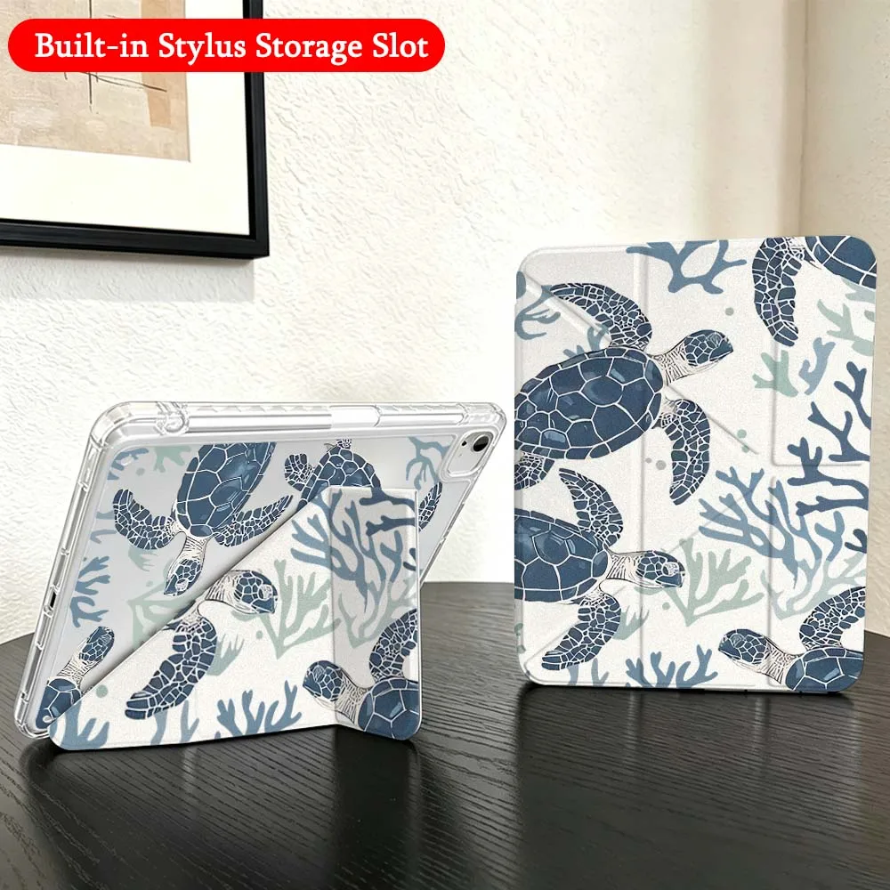Cartoon Sea Turtle Shells Case For iPad Mini Pro Air 5 6 7 8 9 10th 11th 11 9.7 10.9 13 inch Transparent Y-Shaped Folding Tablet