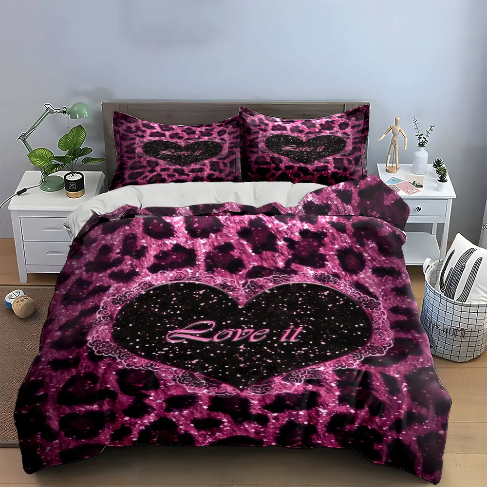 Hot Pink Glitter Leopard Heart Lace Duvet Cover Set, Love It Girly Bedding Includes 1 Duvet Cover And 2 Pillowcase,gift