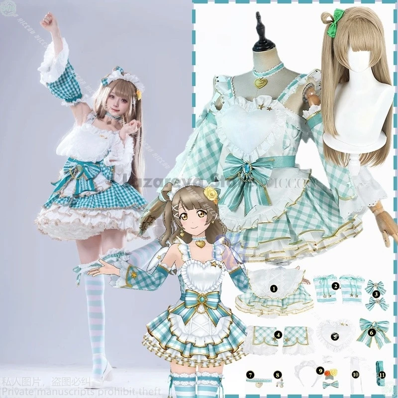 

Магазин аниме-игр Lazareva LoveLive! Косплей Котори Минами Костюм Kawaii Ангел Синий Зеленый Плед Платье Торт Сладкие Парики Лолиты
