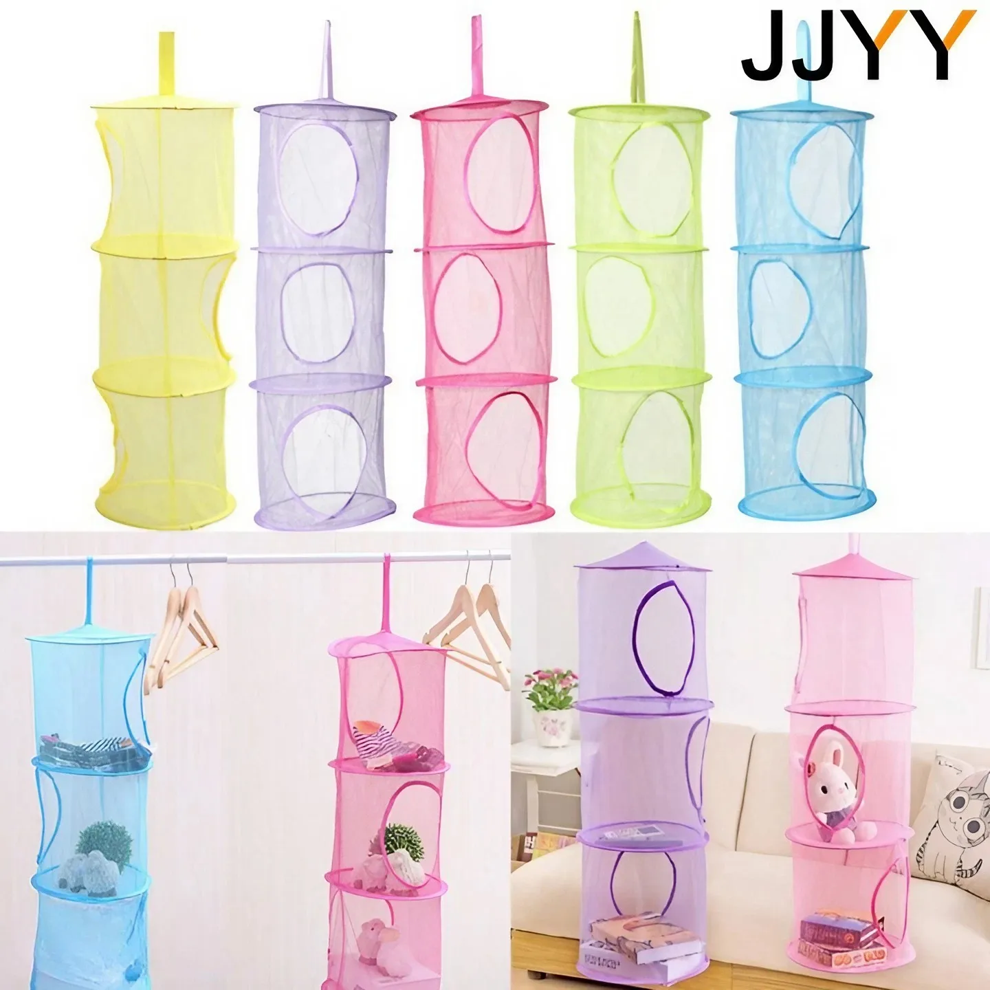 JJYY Net Hanging Multi-layer Storage Hanging Cage Cylindrical Storage Hanging Bag Wall Door Closet Organizers Kid Toy Basket 1PC